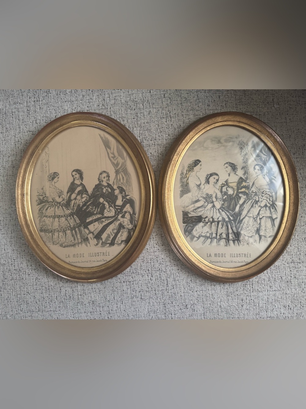 Vintage Gold Oval Framed Fashion Prints - Pair